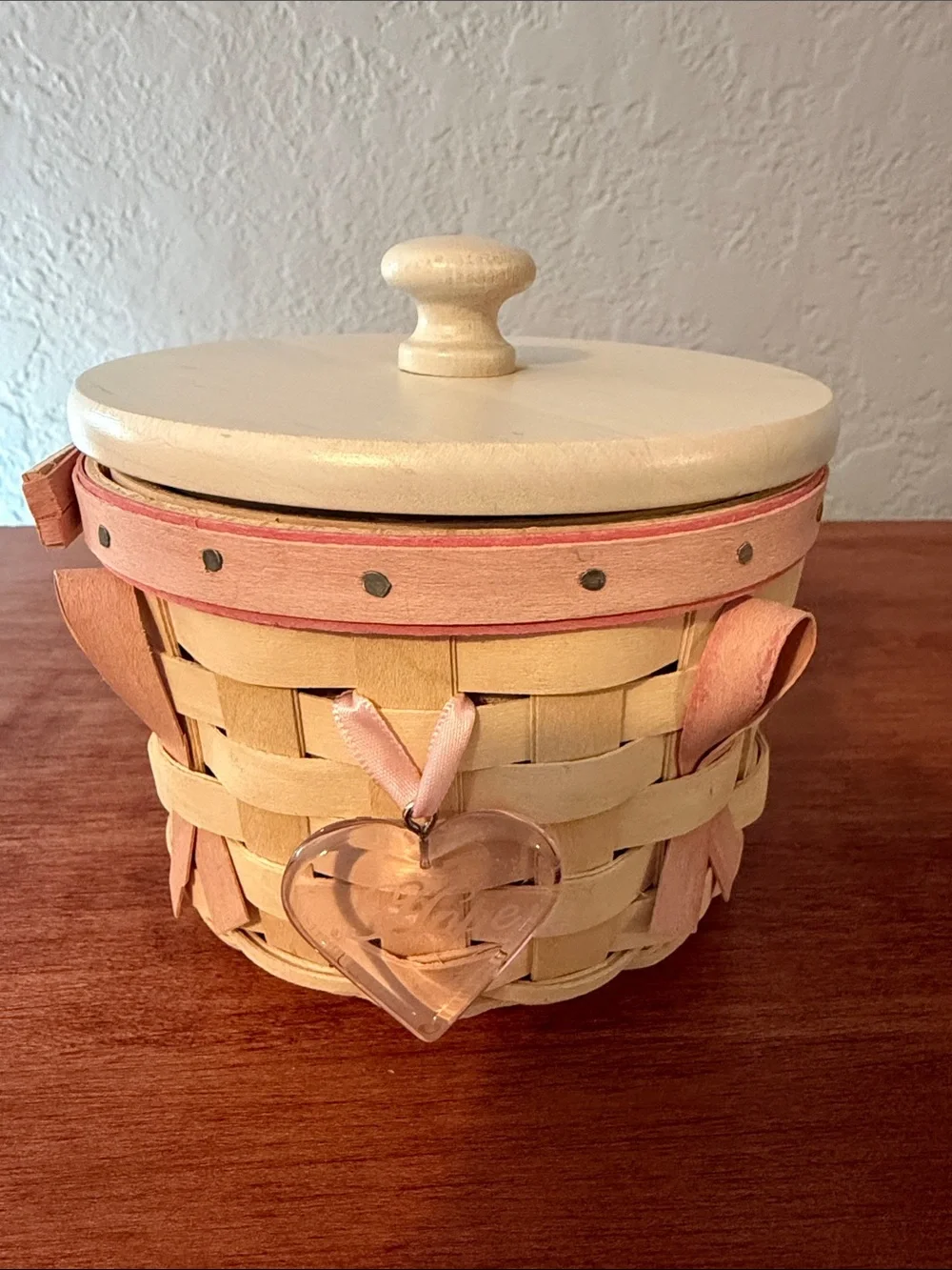 Longaberger Cream and Pink Handwoven Heart Basket